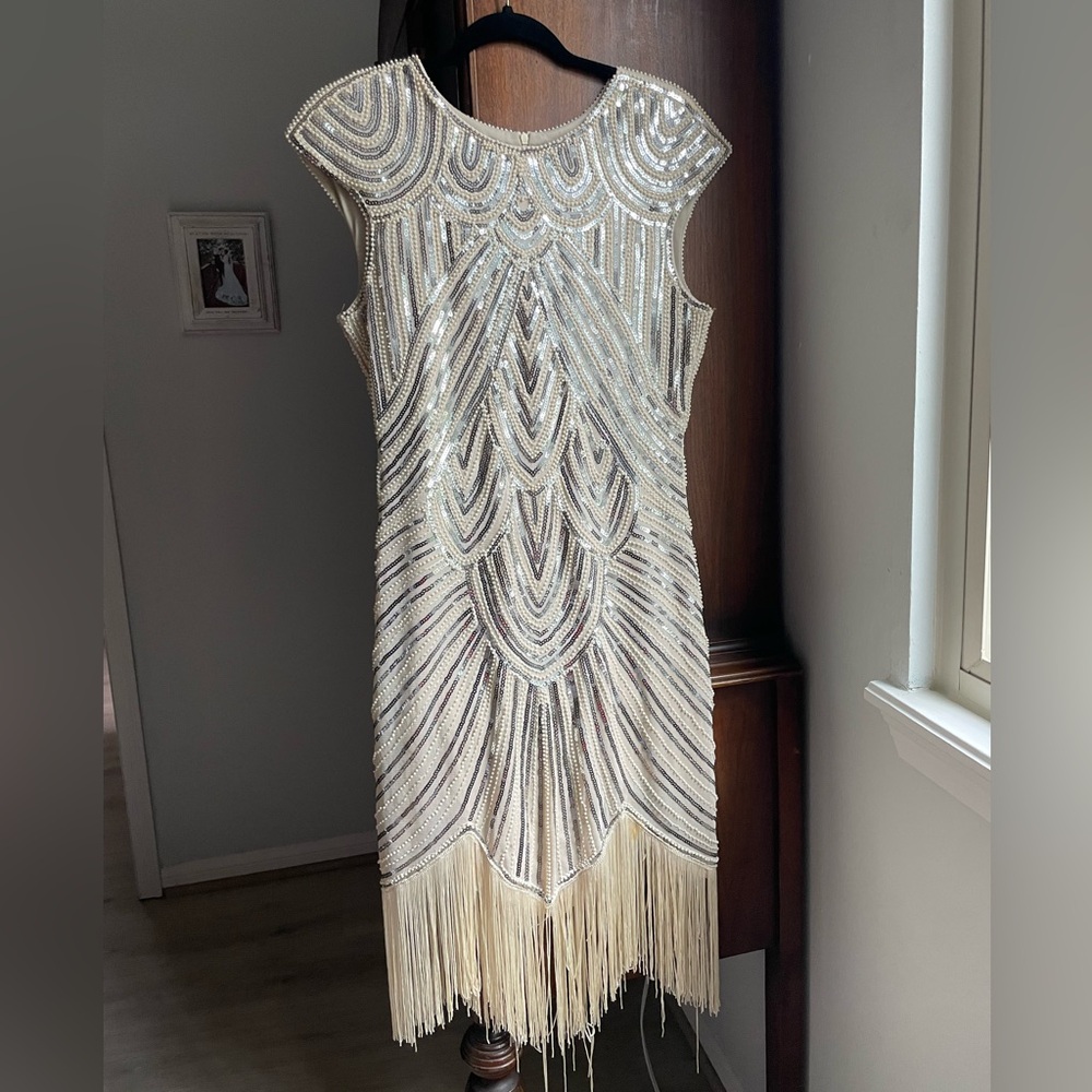 Beaded Ivory Fringe Sheath Dress women’s size large